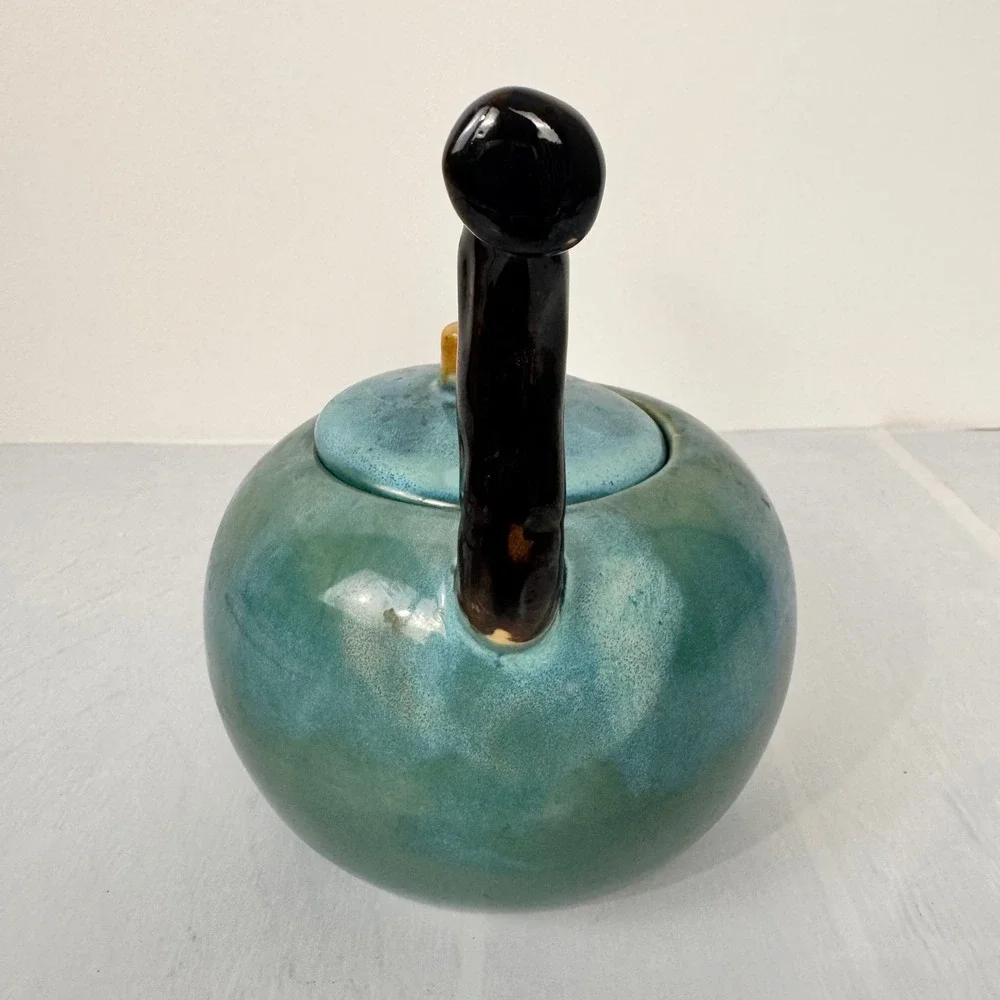 Ceramic Teapot Teal Branch Handle Mid Century Modern Rustic Decor